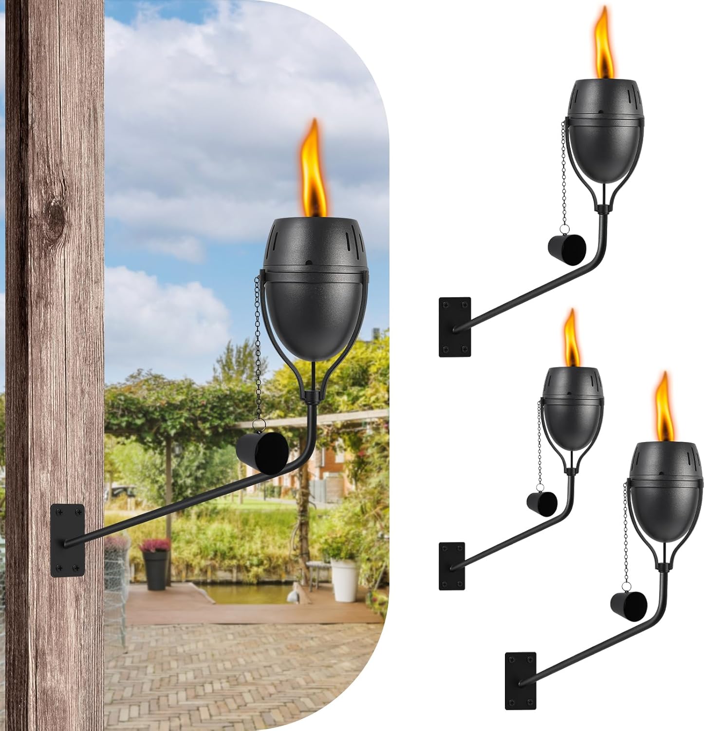 FAN-Torches Juego de 4 antorchas de citronela montadas en la pared, 14 onzas para exteriores, linterna de luz de llama recargable, antorcha de metal