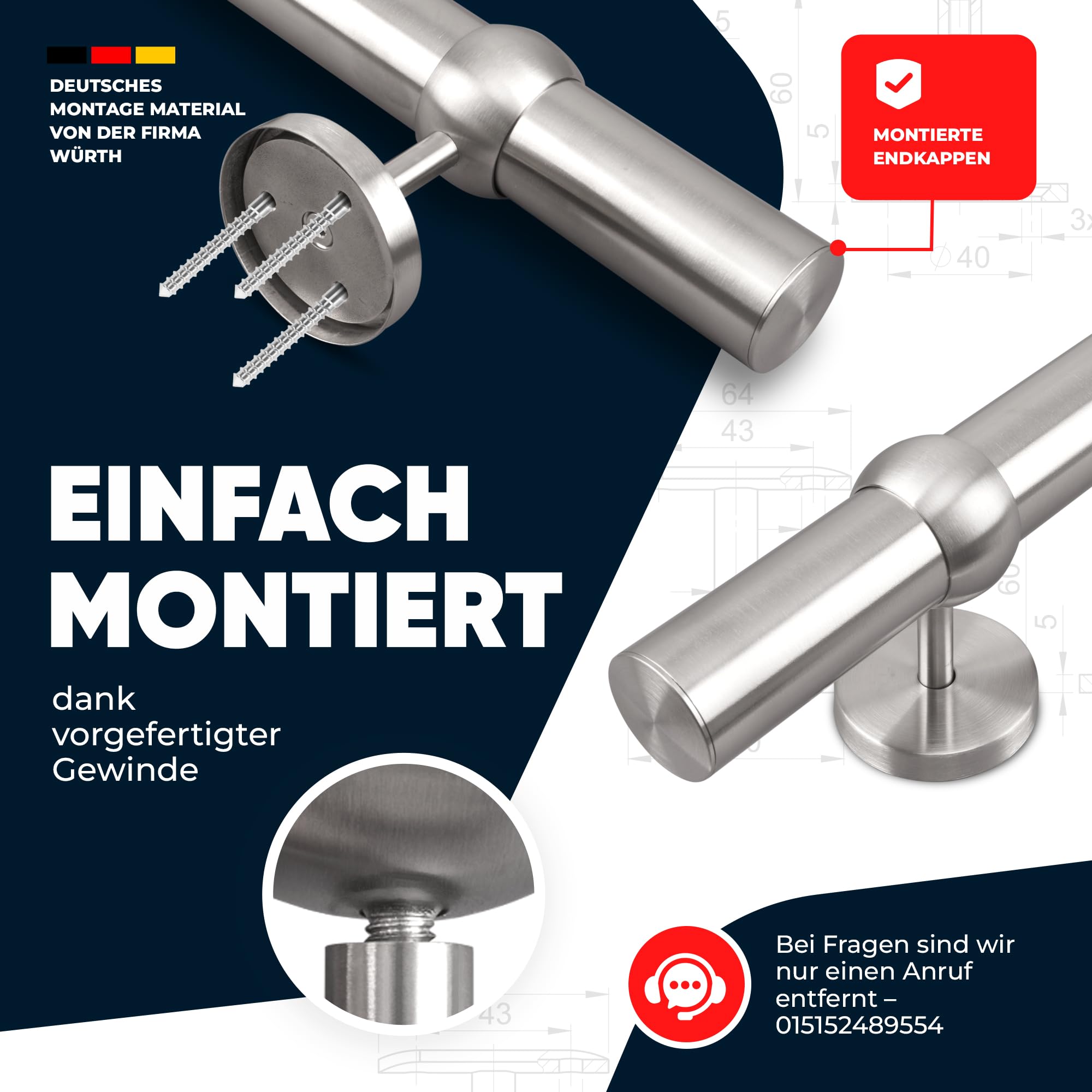 Handlauf Edelstahl Ø 42,4 mm, Markenhandläufe, für Außen- & Innenbereich, Wandhandlauf Brüstung Geländer, 4 verschiedene Varianten