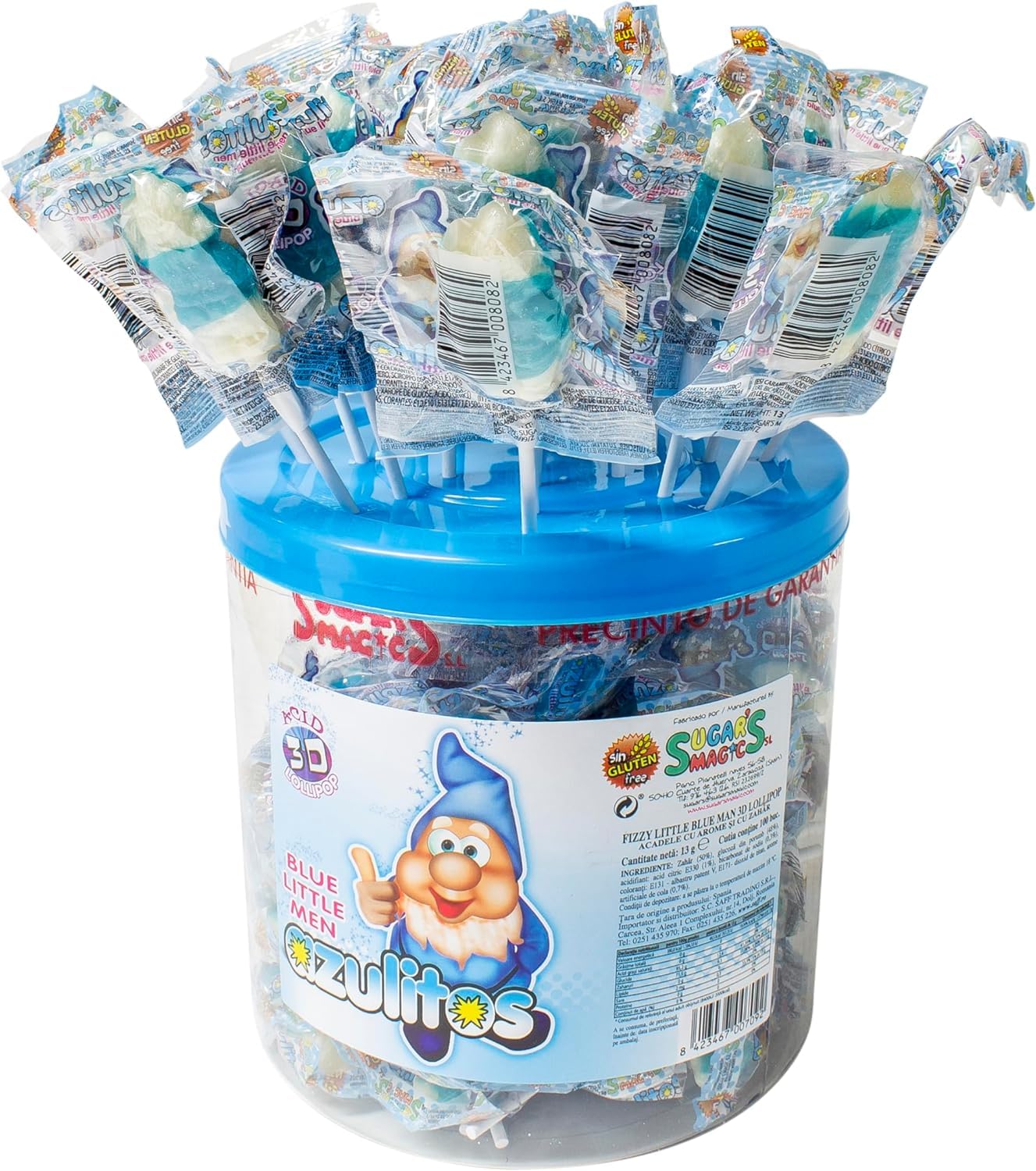 Piruleta Azulitos. Caramelo con palo sabor cola. Bote 100 unidades con envuelta individual.