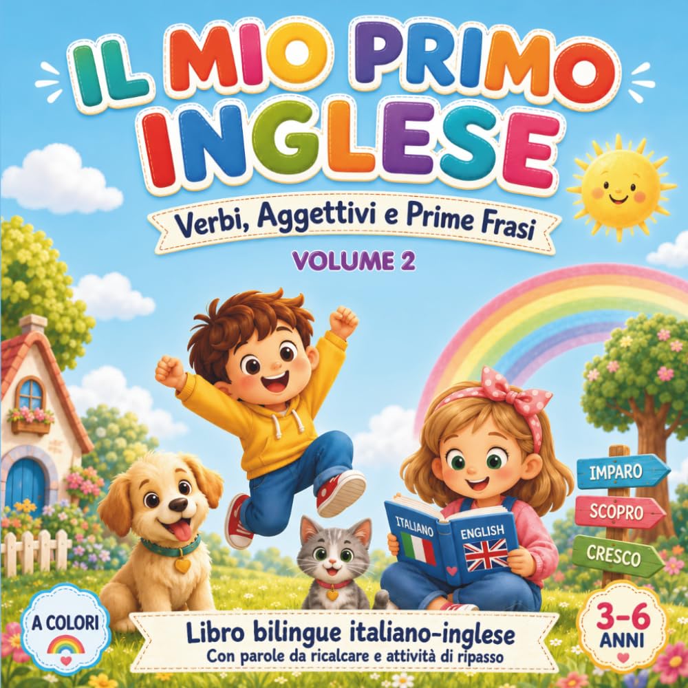 Il Mio Primo Inglese: Libro bilingue italiano-inglese con verbi, aggettivi e prime frasi, immagini a colori, parole da ricalcare e attività di ripasso per bambini 3–6 annii