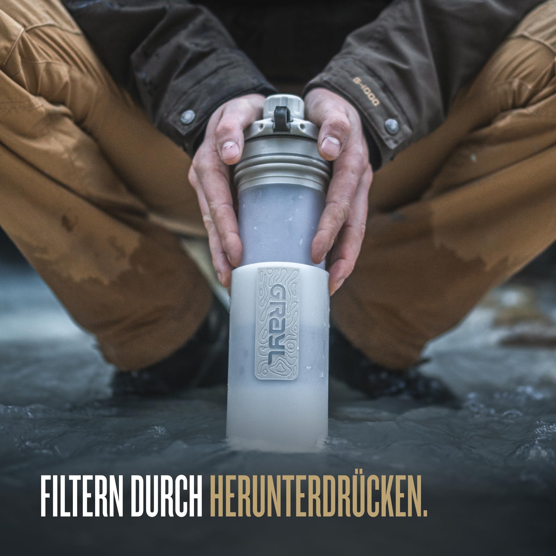 GRAYL GeoPress 710 ml, filtro acqua potabile, elimina il 99,99% di batteri e virus, perfetto per campeggio, sopravvivenza e viaggi (Peak White)