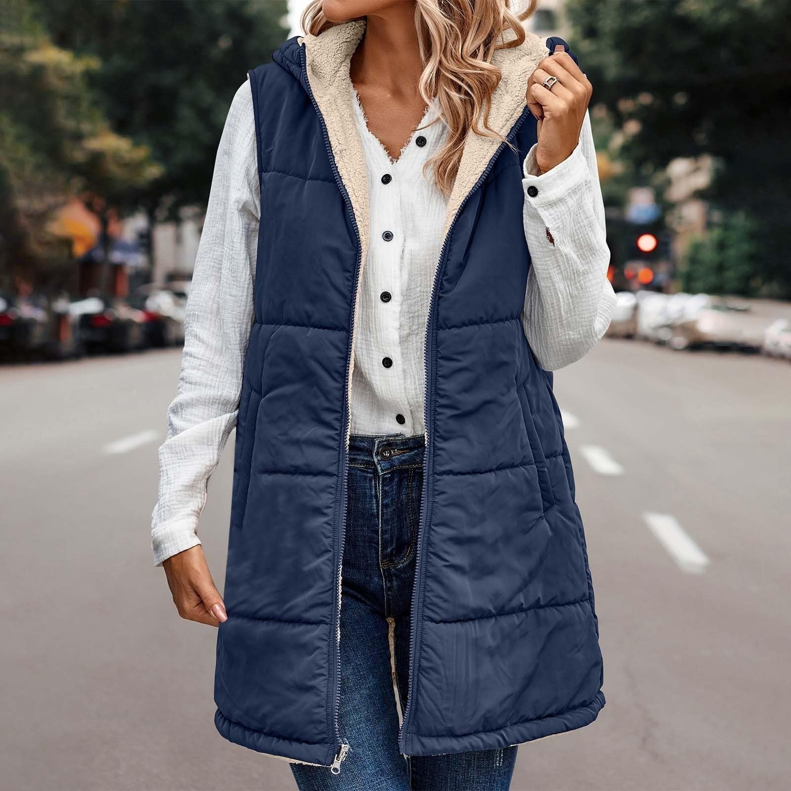 Gilet Réversible À Capuche Sans Manches Pour Veste Doublée En Polaire Avec Poches Fermeture Éclair Complète Vêtements D'extérieur Mode D'hiver Veste Réversible Sans Manches