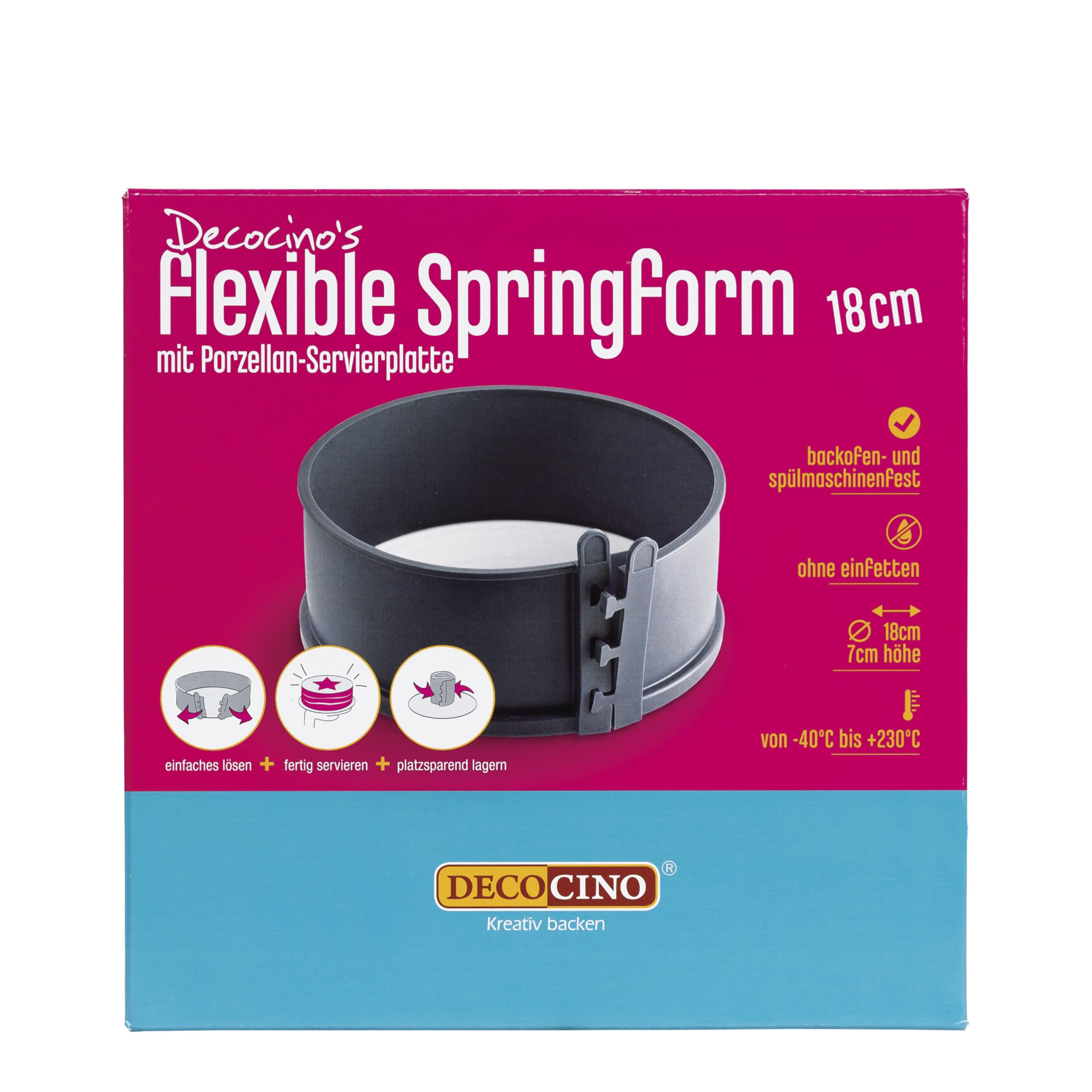 DECOCINO Springform 18 Cm Mit Porzellanboden - Hitzebeständig Bis 230°C, Antihaftbeschichtet, Spülmaschinengeeignet