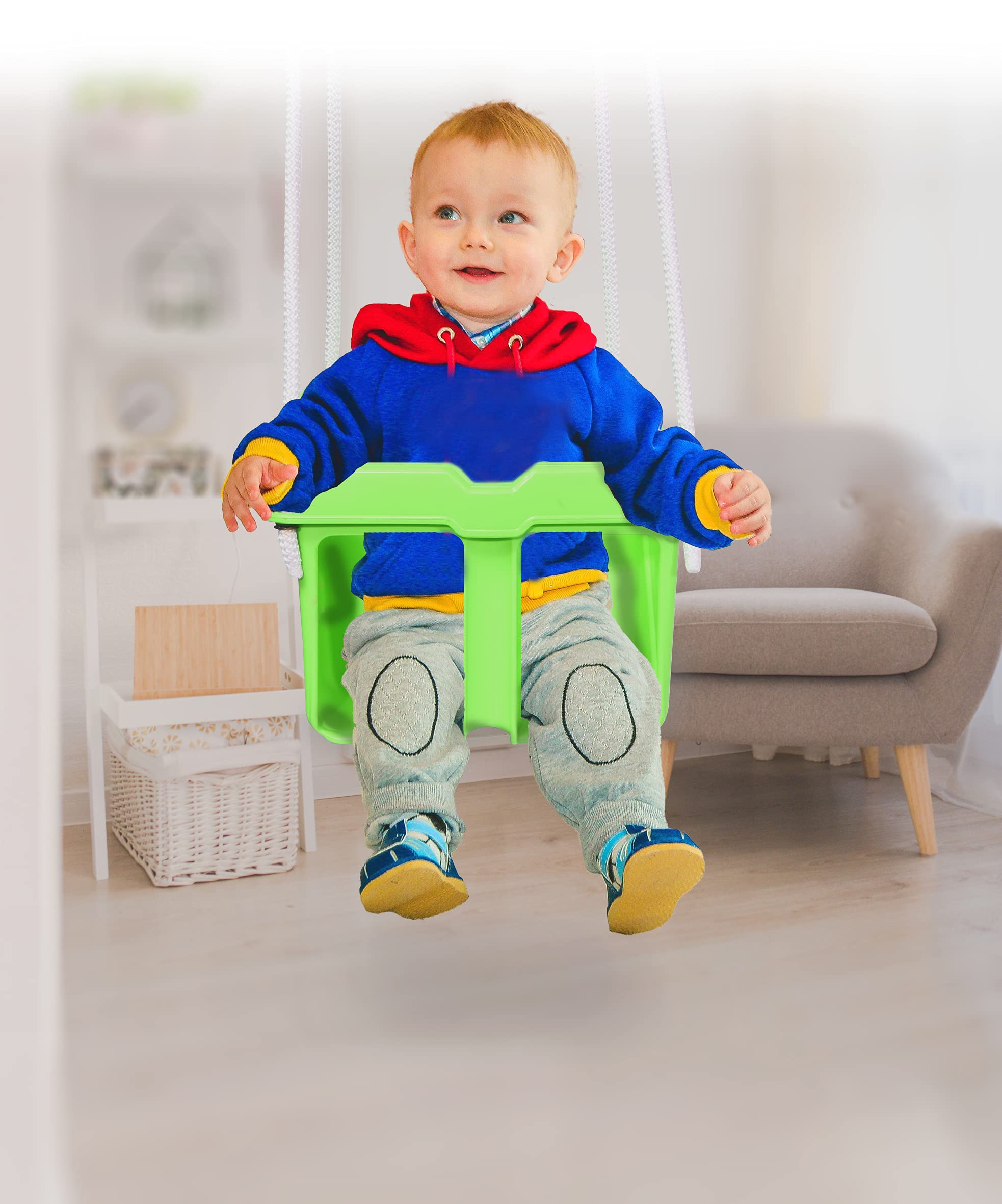 JAMARA 460662 - Columpio para bebé (10 Meses, plástico Resistente, soporta hasta 25 kg, Incluye Barra de Seguridad, antivuelco, Apto para Interiores y Exteriores, Color Verde)