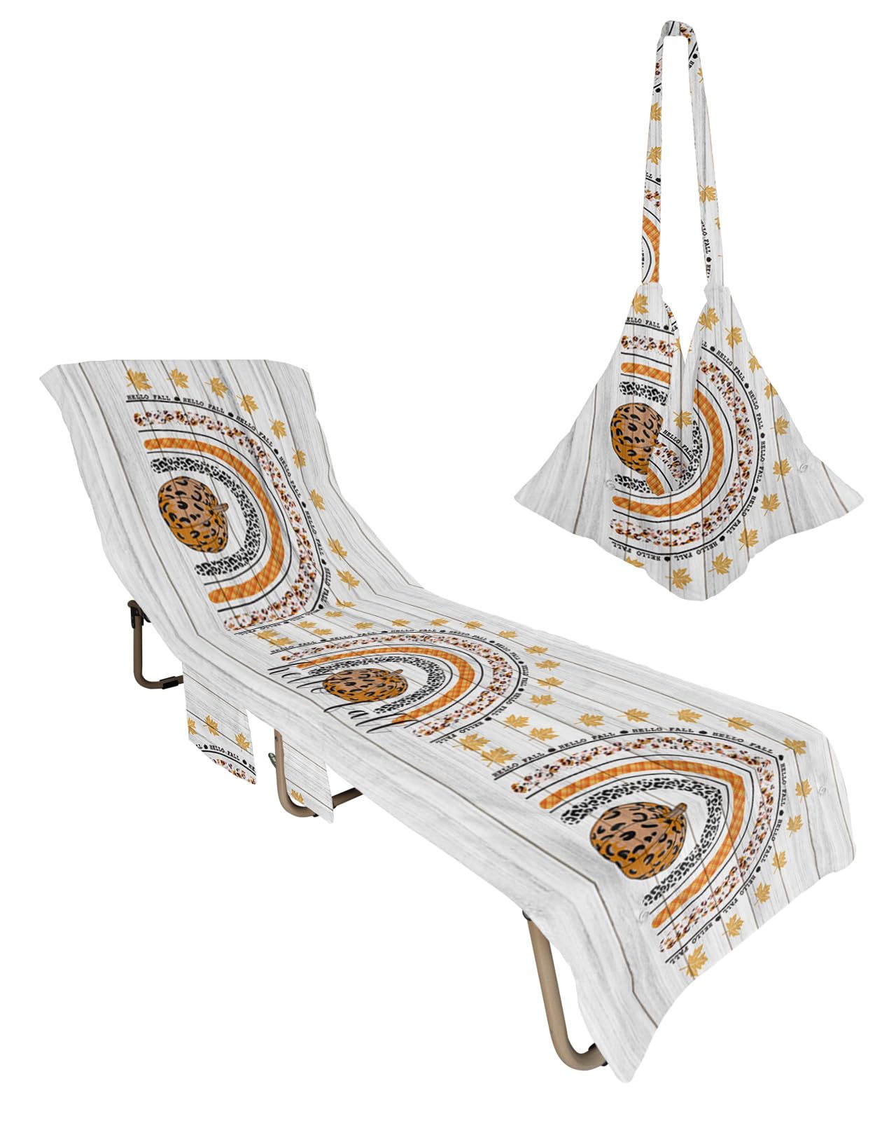 Thanksgiving Beach Chair Towel Covers for Chaise Lounge With Side Pocket, Soft Plush Pool Towels Cover for Patio Sunbathing Outdoor 29''x85'' Wood Grain Rainbows Pumpkins Sunflowers Leaves