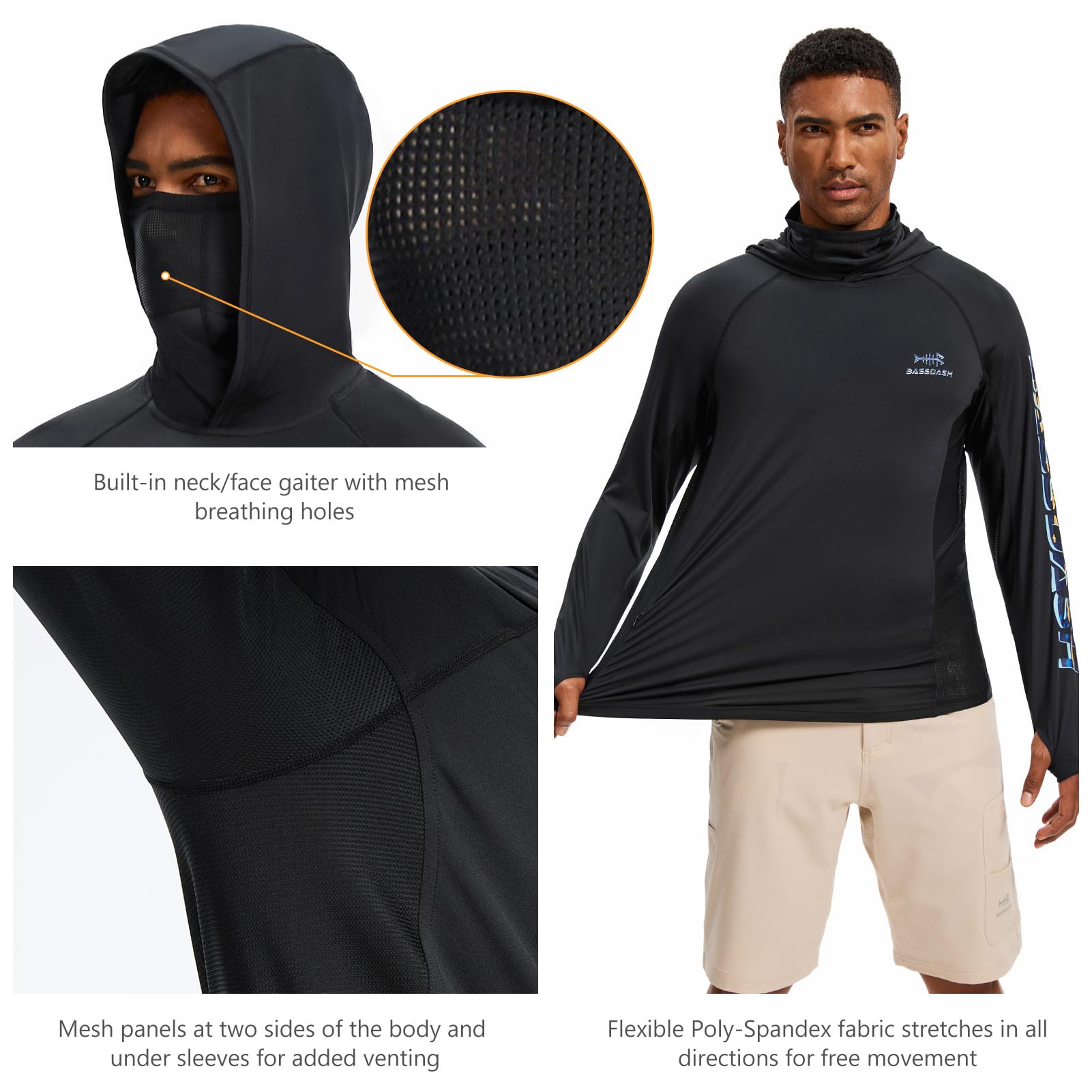 Bassdash Sudadera con Capucha Hombre con Mascarilla, UPF 50+, Estampado de Pesca, Manga Larga, Tejido Técnico Transpirable y Secado Rápido, Modelo FS47M