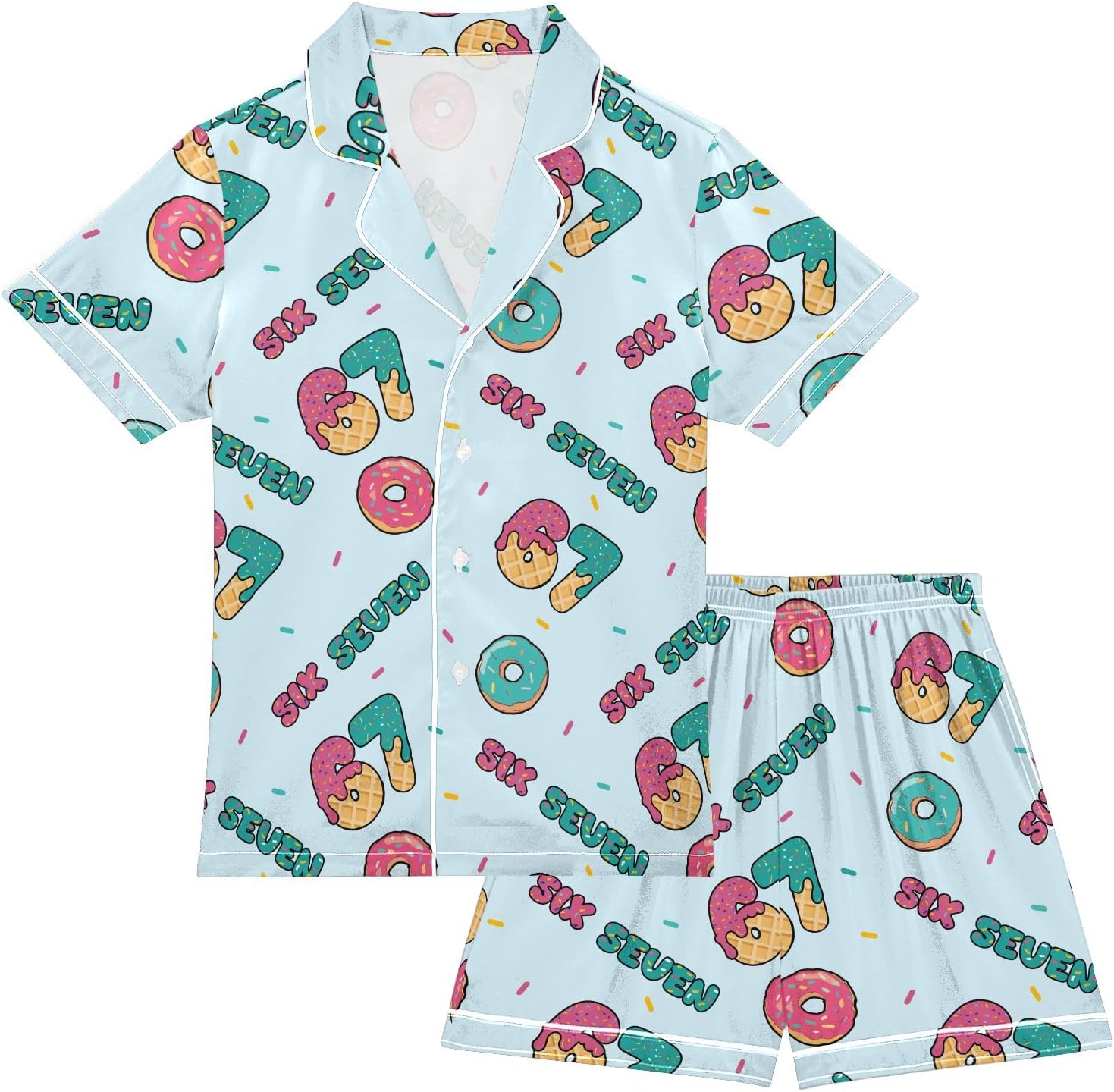 Six Seven Donut Blue Button-Up Satin Pajama Set,Cute Pajama Short Sleeve Shirt and Shorts, Soft Silky Summer Sleepwear