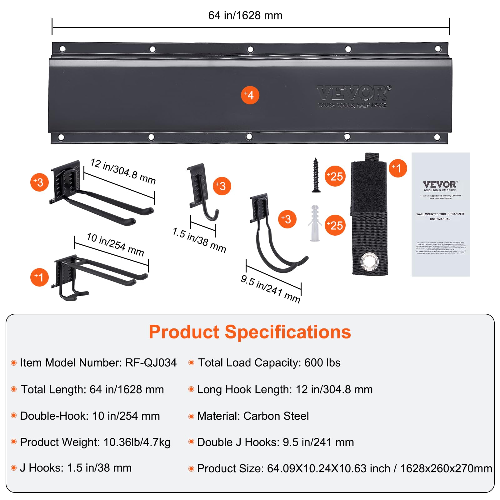 VEVOR Support Mural d'Outils de Garage, Capacité de Charge Maximale 272 kg, Organisateur de Rangement Jardin avec 10 Crochets Réglables et 4 Rails pour Outils de Jardin, Pelles, Coupe-bordures, Tuyaux
