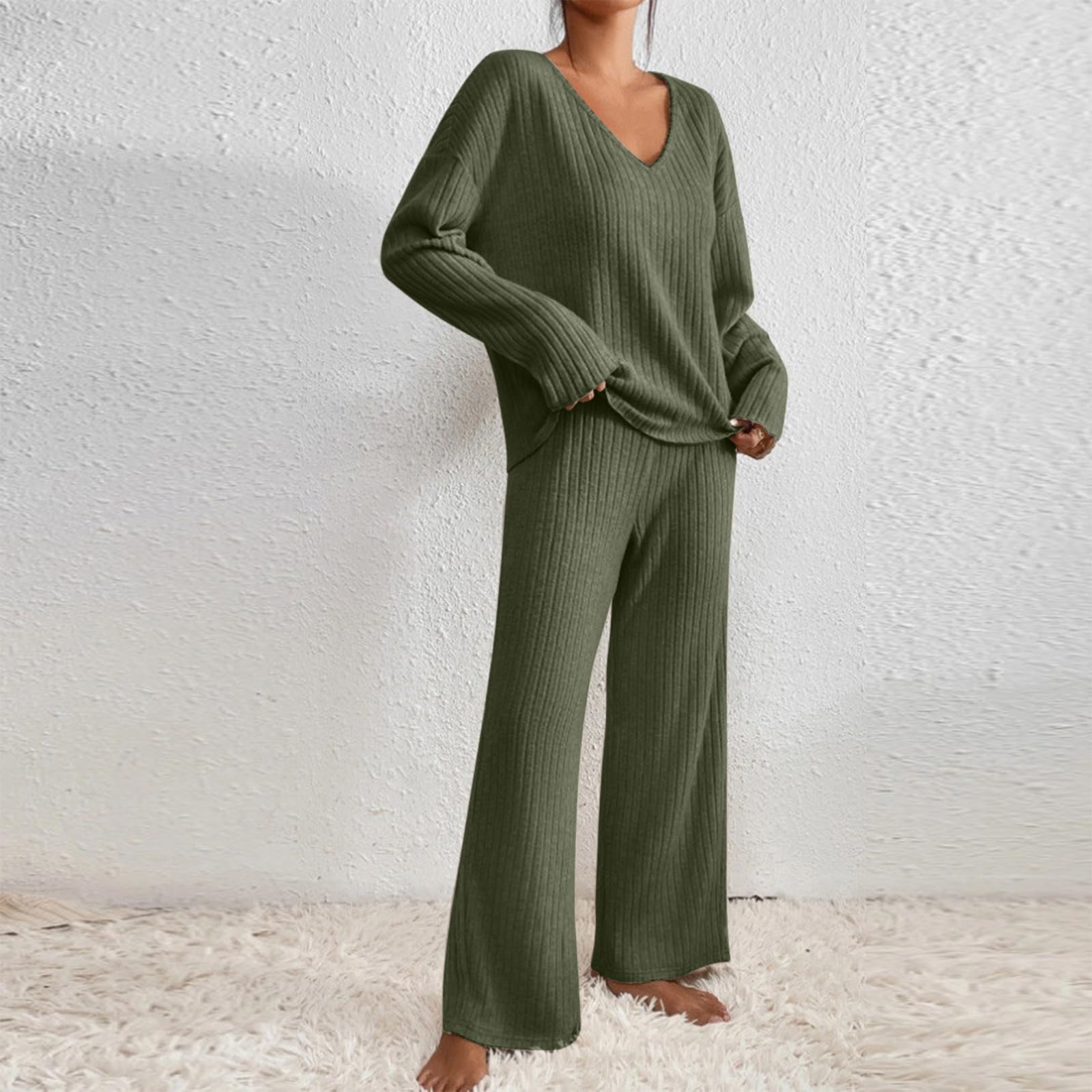 Ensemble Femme Chic Et Elegant Pantalon Et Haut 2 Pièces Vêtement De Nuit Tricot Décontracté Et Ample Vêtement D'Intérieur Sleepwear pour La Maison Survêtement Femme Ensemble Mode