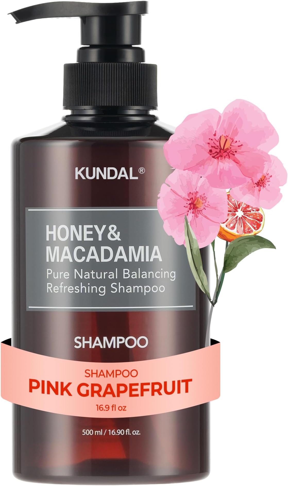 KUNDAL Honey & Macadamia Shampoo – Deep Moisturizing & Damage Repair, Pink Grapefruit Scent, Sulfate-Free Korean Hair Care, 16.9 fl oz (500ml)