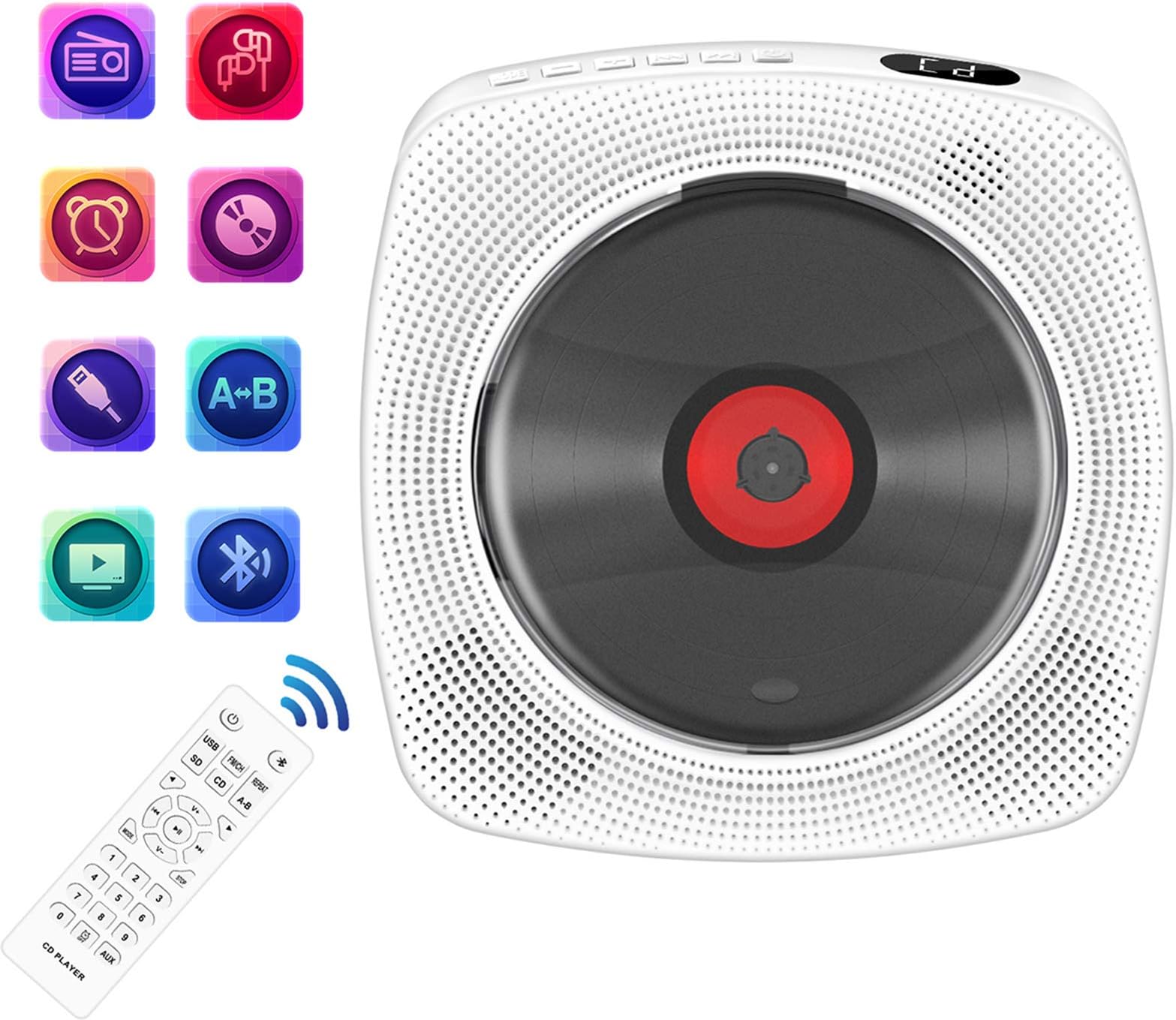 Portable CD Player with Bluetooth, Wall Mountable CD Music Player Home Audio Boombox with Remote Control FM Radio Built-in HiFi Speakers, MP3 Headphone Jack AUX Input Output, White