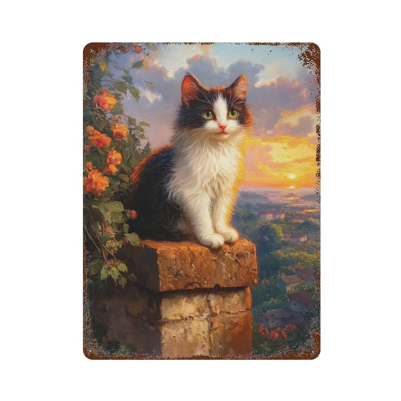 Cat at Sunset Rusty Metal Tin Sign 15.7"x11.8", Ideal for Farmhouse, Kitchen And Entryway Decor