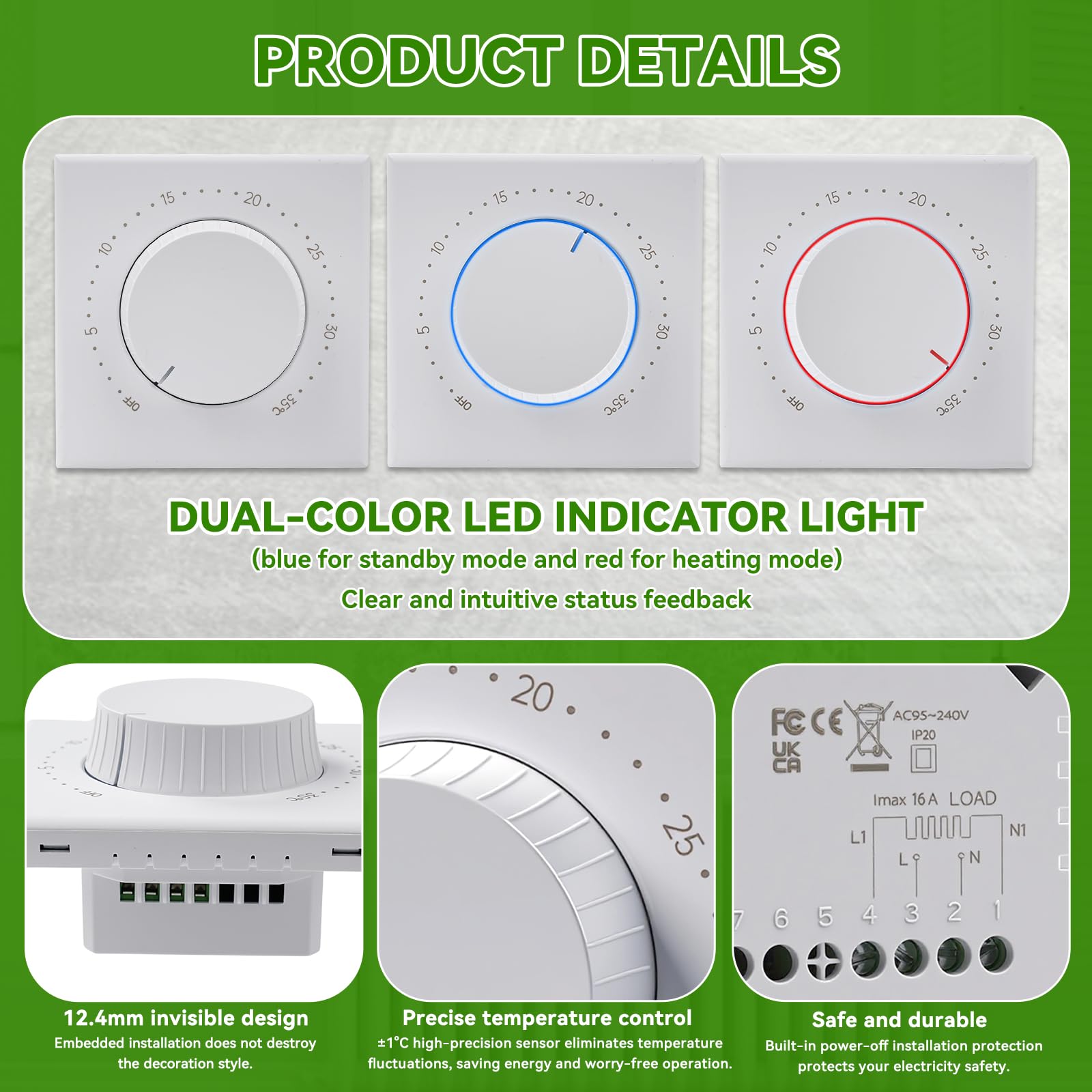 Jadeshay Thermostat de Chauffage Mécaniques pour Électriques Chauffage au Sol 16A Régulateur de Température avec Sonde Intégrée Bouton pour Chauffage et Climatisation 0-35 °C Blanc