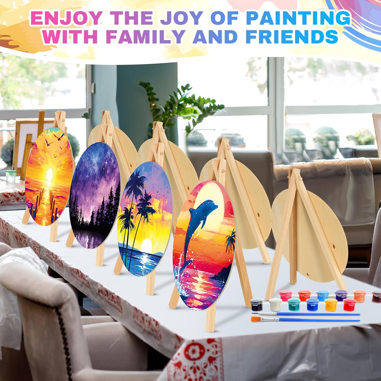 Supervitae 72 Piece Landscape Round Pre Drawn Canvas Kit 5.9" Paint and Sip Kit for Adults Painting Party Pre Printed Canvas DIY with Pictures Paints Easels Brushes for Party Gifts