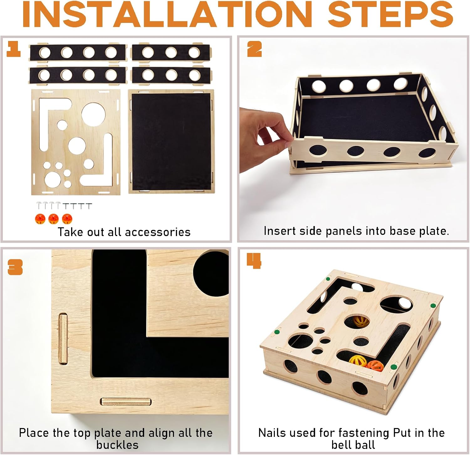Cat Scratch Puzzle Enrichment Box with Bell Ball, Large Cat Nail File Enrichment Box with Sandpaper Liner, Stress-Free Alternative to Trimming Nails, for Indoor Cats