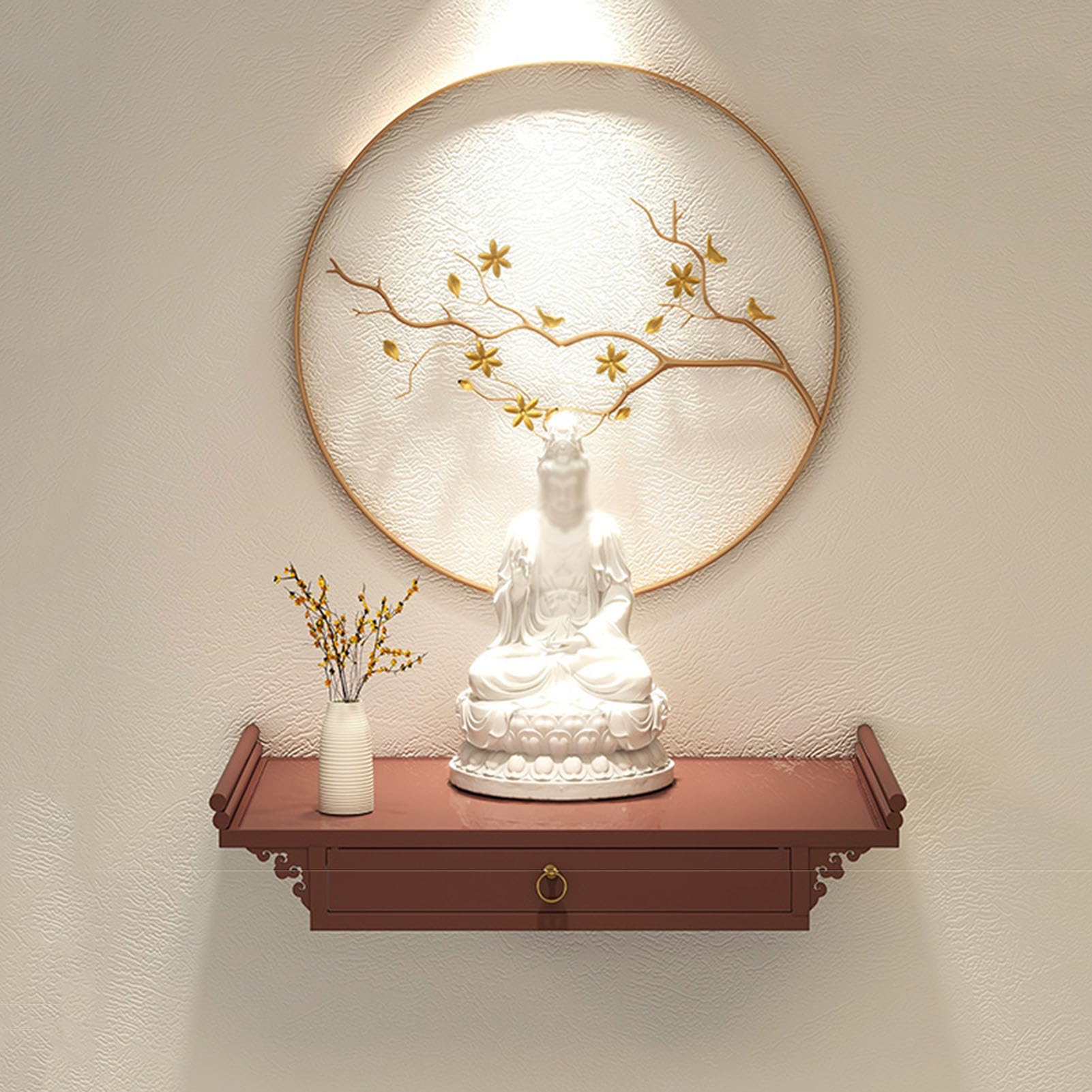 Wall Mounted Bamboo Shrine Altar Table With LED Light - Retractable Shelf For Meditation, Prayer, Buddha Statue (15.7in)