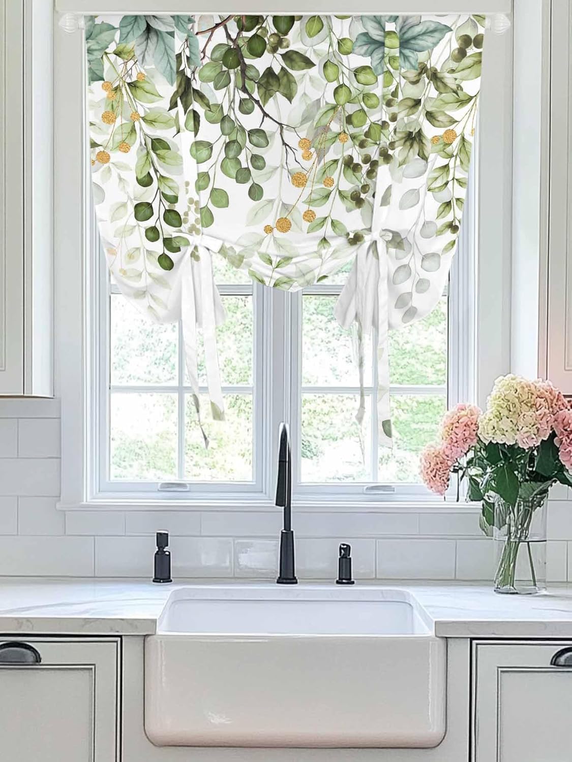 Tie Up Curtain for Windows,Green Eucalyptus Leaves Watercolor Botanical on White Balloon Rod Pocket Curtains Tie-up Valance for Kitchen Bedroom,Abstract Foliage Window Treatment 1 Panel 34x45in