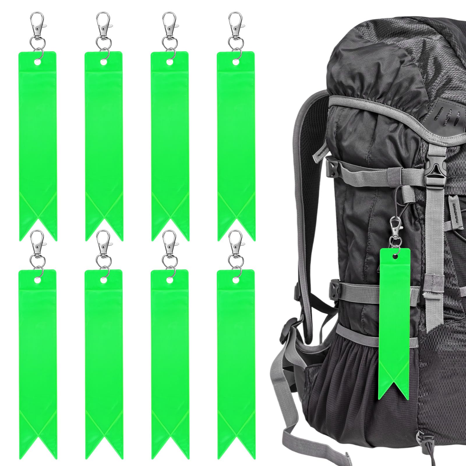 TIXIPEM Safety Reflector Pendants [8PCS] - Reflective Safety Keychain Gear with Clips Use for Backpack & Running & Cycling - [Grass Green-5.9IN/15CM] Double-Sided Reflective Tags