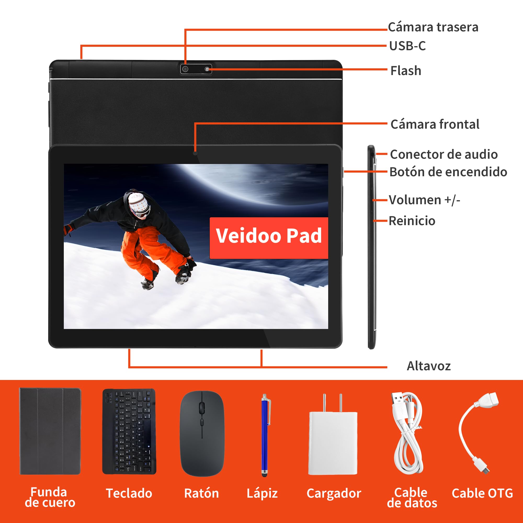 Veidoo Tableta Android portátil 2 en 1 con teclado, mouse y lápiz capacitivo, tableta IPS HD de 10.1 pulgadas con 7 GB de RAM (3 GB + 4 GB) 64 GB ROM ampliable a 512 GB, procesador Octa-Core, WiFi 6
