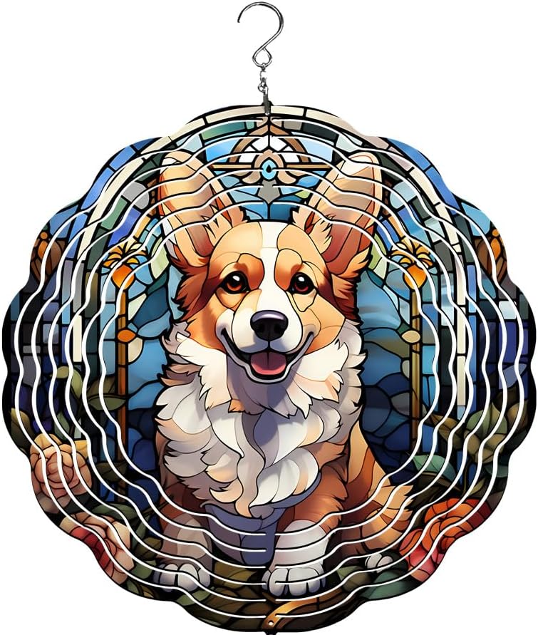 Traci's Fun Creations Wind Spinner, Corgi Dog Theme, Multicolor, Aluminum, Double-Sided Design, 10 Inch (Stain 1)