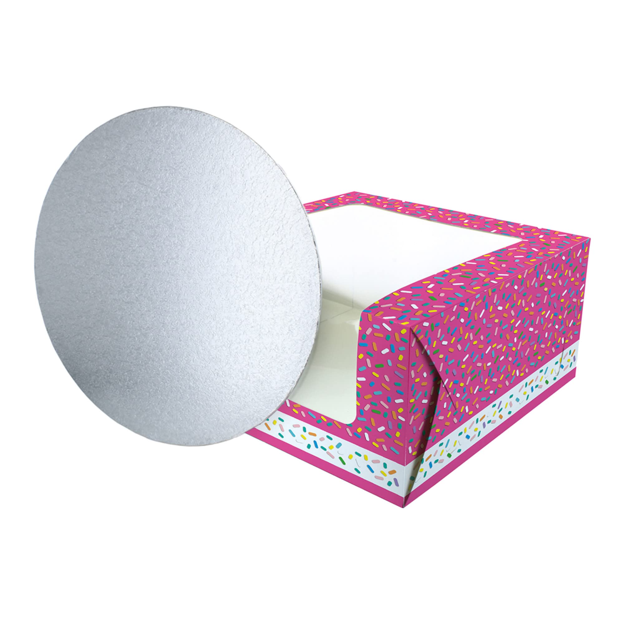 Baked With Love Pink,Silver 90296 Sprinkles Printed Cake Box And Board, Colourful Pink Windowed Treat Box And Silver Card For Birthday, Celebrations, Parties. 10" Box And Board