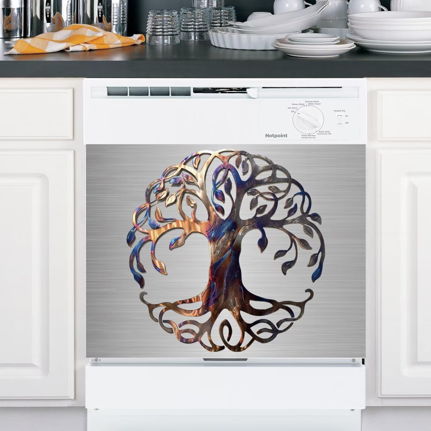 Colorful Metal Tree of Life Dishwasher Magnet Cover for The Front, Black Brushed Stainless Steel Refrigerator Stickers Magnets Full Door Cover, 23" W x 26" H Vinyl Decal for Dishwasher (Magnetic)