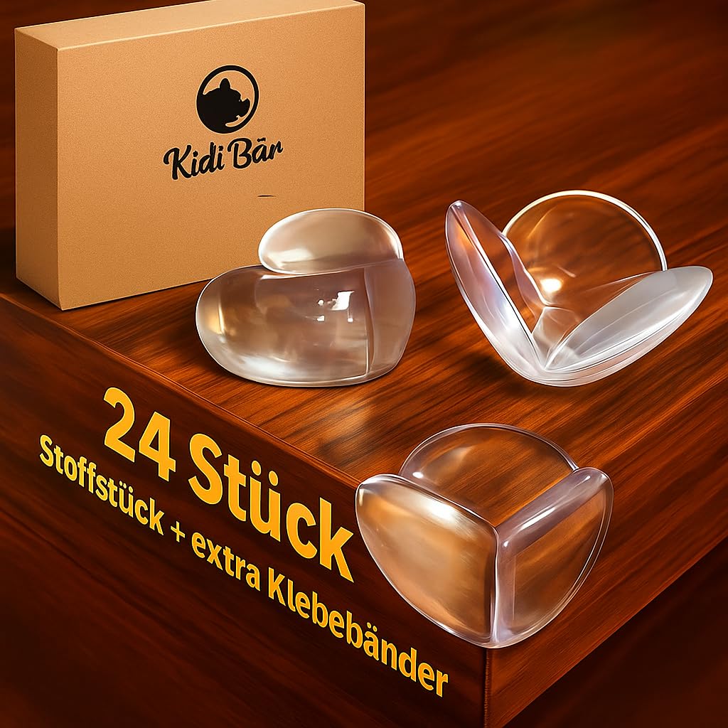 Kidi Bär Eckenschutz Baby 24 Stück Rund Kantenschutz inklusive zusätzlichen Klebestickern + Stoff 10x10cm | Selbstklebend | Rückstandslos Entfernbar | Eckenschutz | für alle Möbel | Weich &Transparent