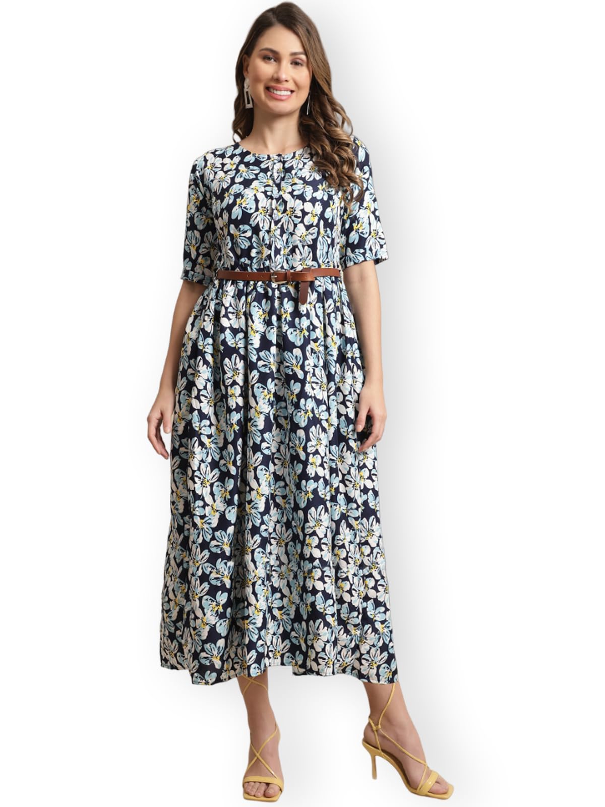 Preneum Women's Georgette Floral Printed 3/4 Slevees A-Line Fit & Flare Gown With Beltindo-Western Ethnic Gown || A-Line Maxi Dress Casual Wear || Fit & Flare Flared Hem Design, Sky Blue, S