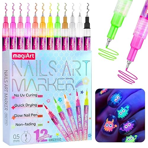 Fluorescent Nail Art Pens, 12 Color 0.5 MM Glow In