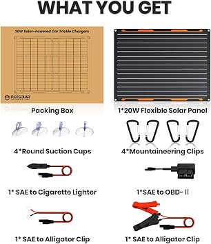 FlexSolar 20W 12V Solar Panel Charger Kit with Built-in Charge Controller - Portable Waterproof Solar Trickle Charger Battery Maintainer, Cig Plug & Alligator Clips for Car, Boat, RV, Tractor