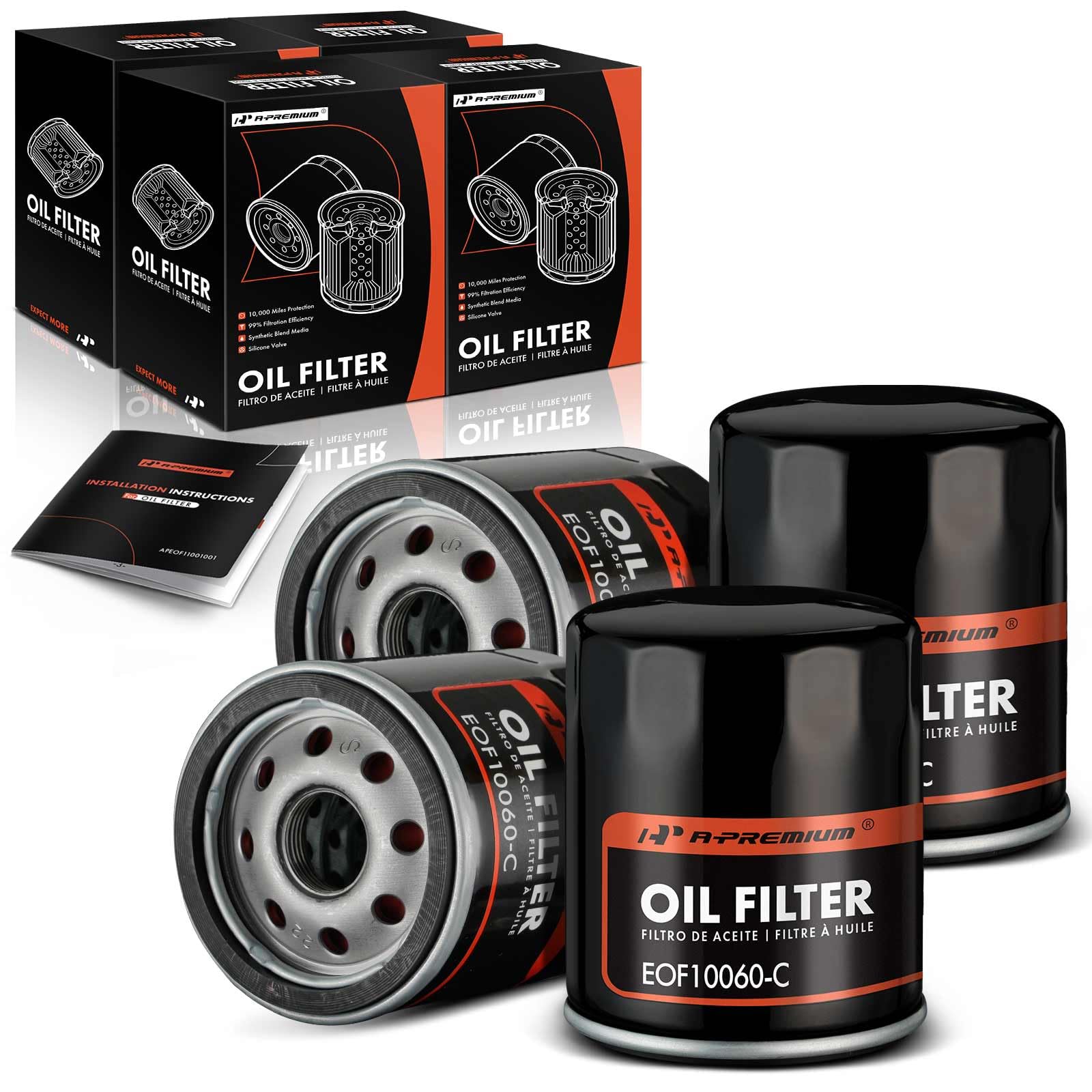 A-Premium 4-PC 10K Miles Protection Spin On Oil Filter Compatible with Chevrolet & GMC & Volkswagen & Jeep & Dodge & Mazda & Chrysler & Buick & Mitsubishi & Cadillac & Suzuki & Saab & Freightliner