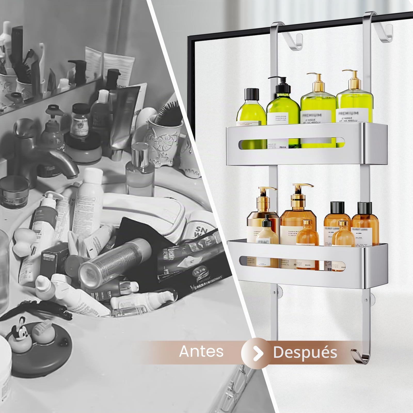 Ajex Estanteria Ducha para Colgar, Estante Ducha sin Taladro Acero Inoxidable Estante Ducha, Estantes Colgantes Baño para Champú Gel con Dos Ganchos
