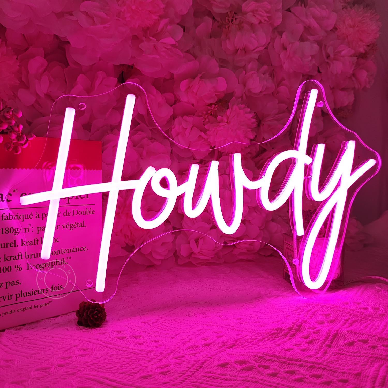 SYLHOME Howdy Led Neon Light Sign Pink Preppy Bedroom Wall Sign Decor Party Birthday Christmas Bar Pub Light Up Signs Girls USB 5V 15.75"X9.65" Dimmer