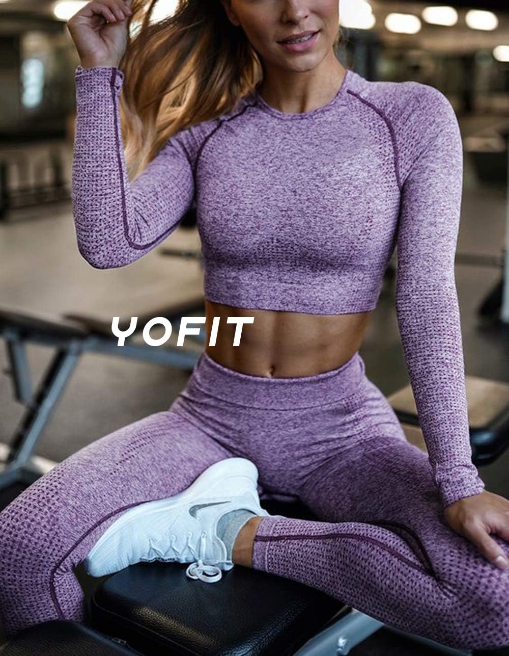 YOFIT Women's Workout Outfit 2 Pieces Seamless High Waist Yoga Leggings with Long Sleeve Crop Top Gym Clothes Set - Image 4