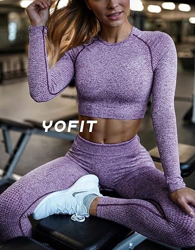 Miniatura 4 de YOFIT - Conjunto deportivo de 2 piezas leggings de yoga de cintura alta sin costuras y crop top con manga larga para mujer, juego de ropa para