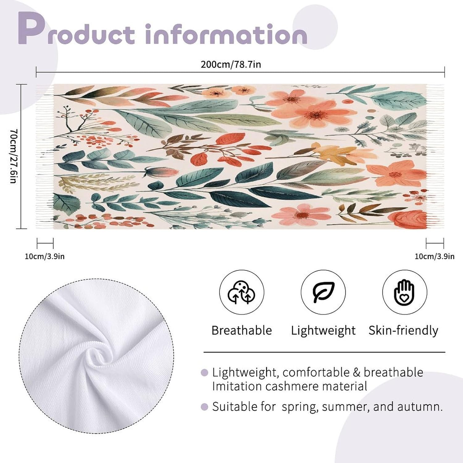 Watercolor Flowers Scarf for Women Men Classic Fashion Blanket Scarves Soft Cashmere Feel Scarf Cold Weather Warm Long Shawl Winter Large Scarves Classic Blanket Scarfs Thick