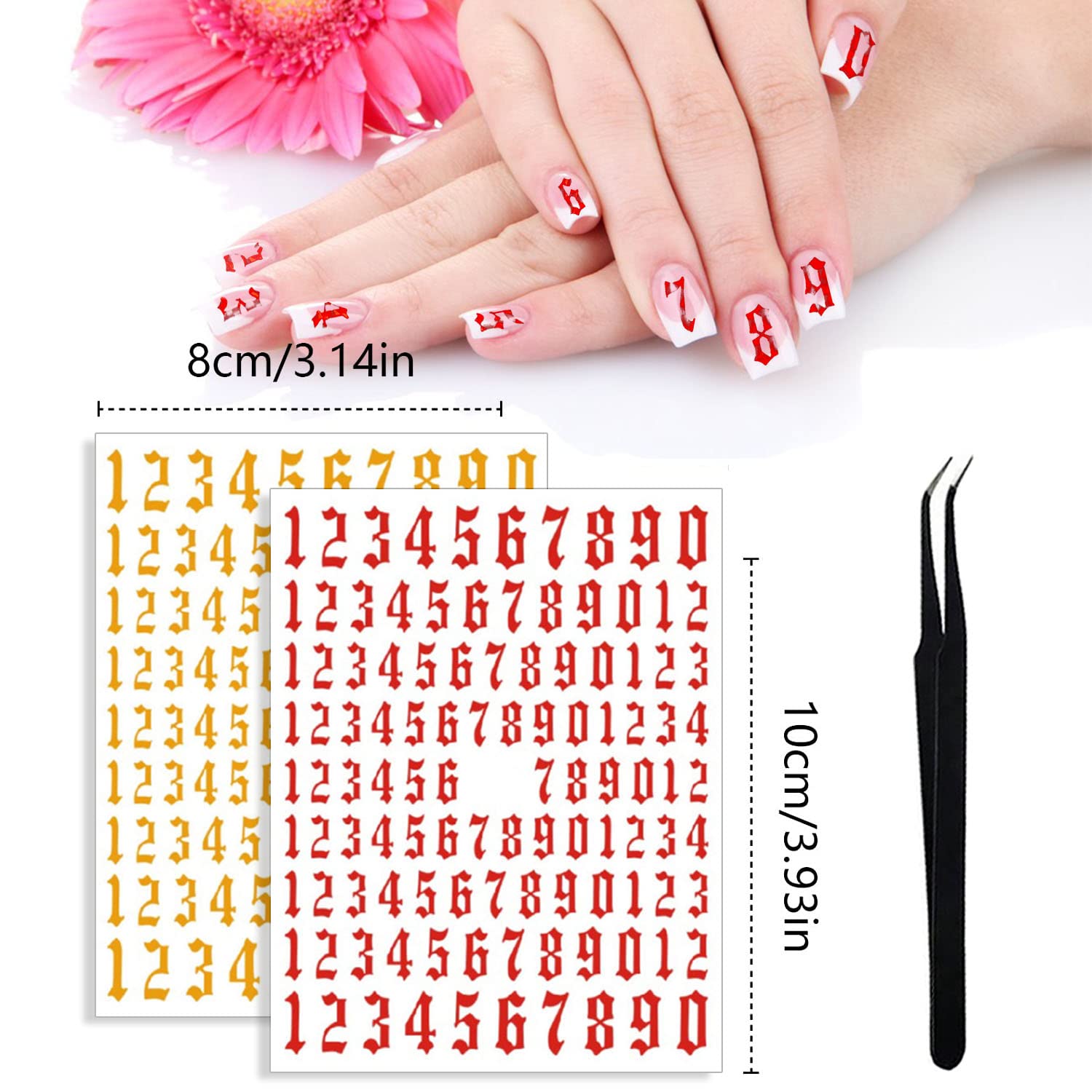 SILPECWEE 6 Sheets Number Nail Stickers Tips 3D Laser Nail Decals Self Adhesive Nail Art Stickers for Women with 1Pc Tweezers