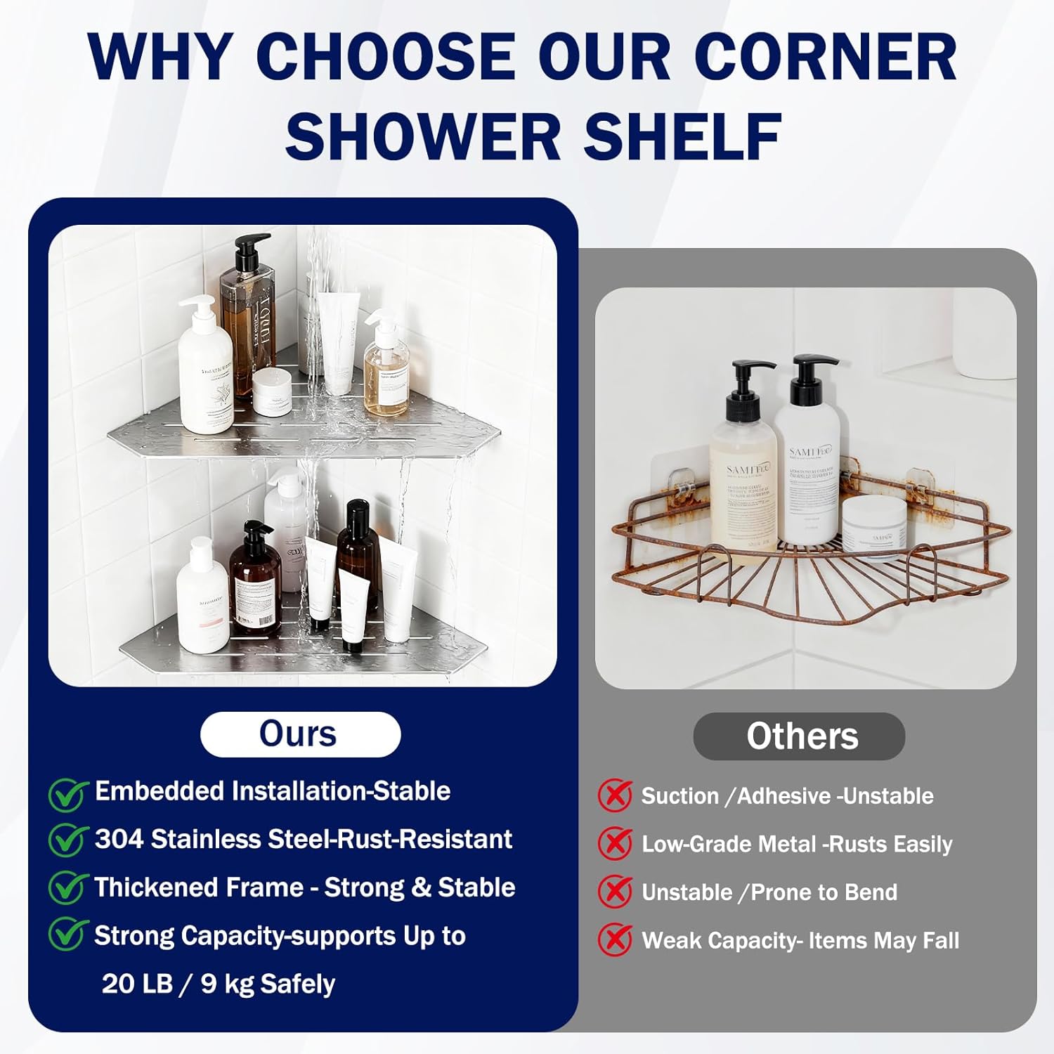 10" Corner Shower Shelf 2 Pcs Brushed 304 Stainless Steel Diamond Heavy Duty Floating Corner Shelves Slot Design Recessed Bathroom Shower Shelf for 90° Tiled Wall, No Drilling Needed