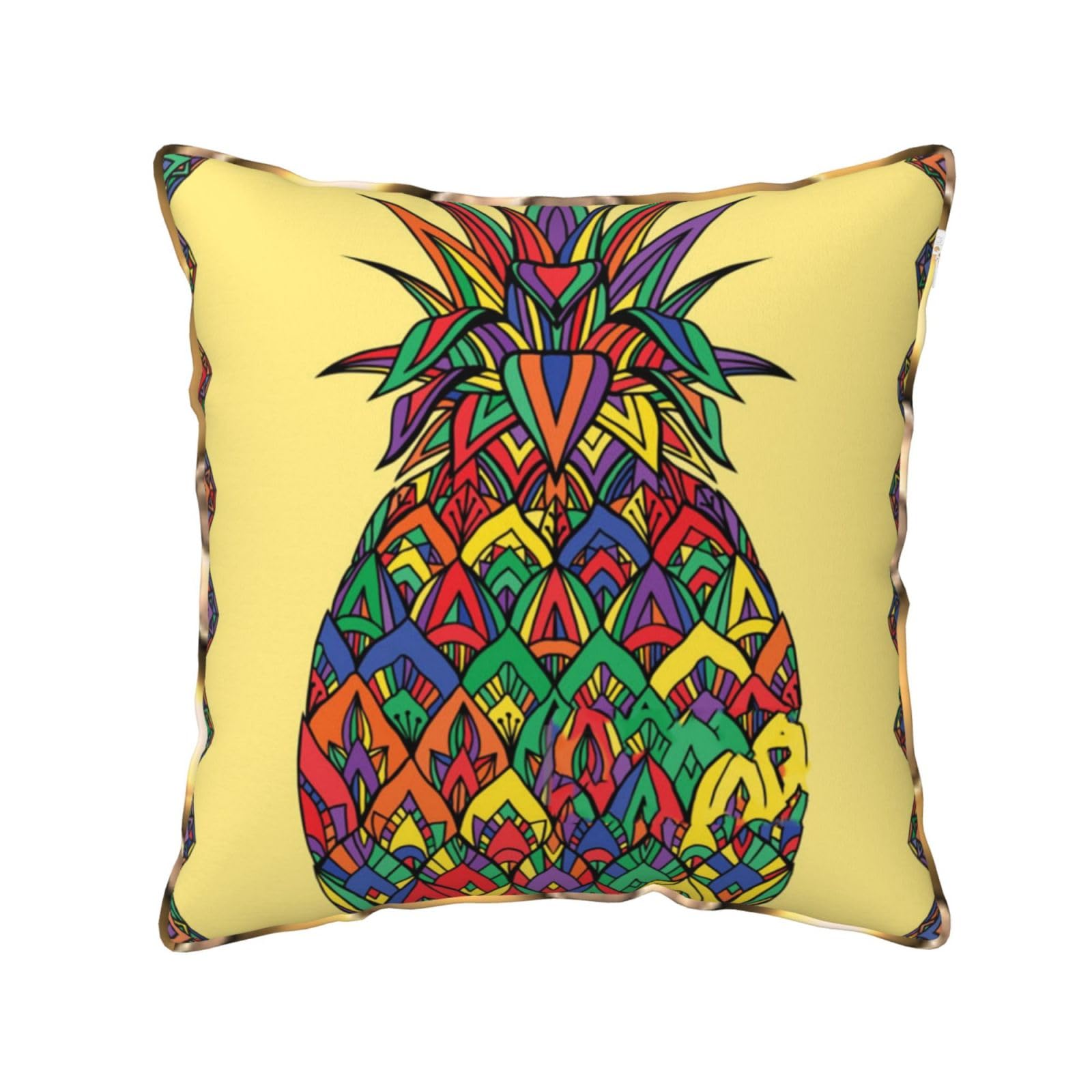 AUBKFELD Rainbow Pineapple Printed Velvet Cushion Cover 50x50 CM with Gold Edging Strip, Square Pillowcase Soft Throw Pillow Covers Case Decorative for Living Room Sofa Couch Bed Bench