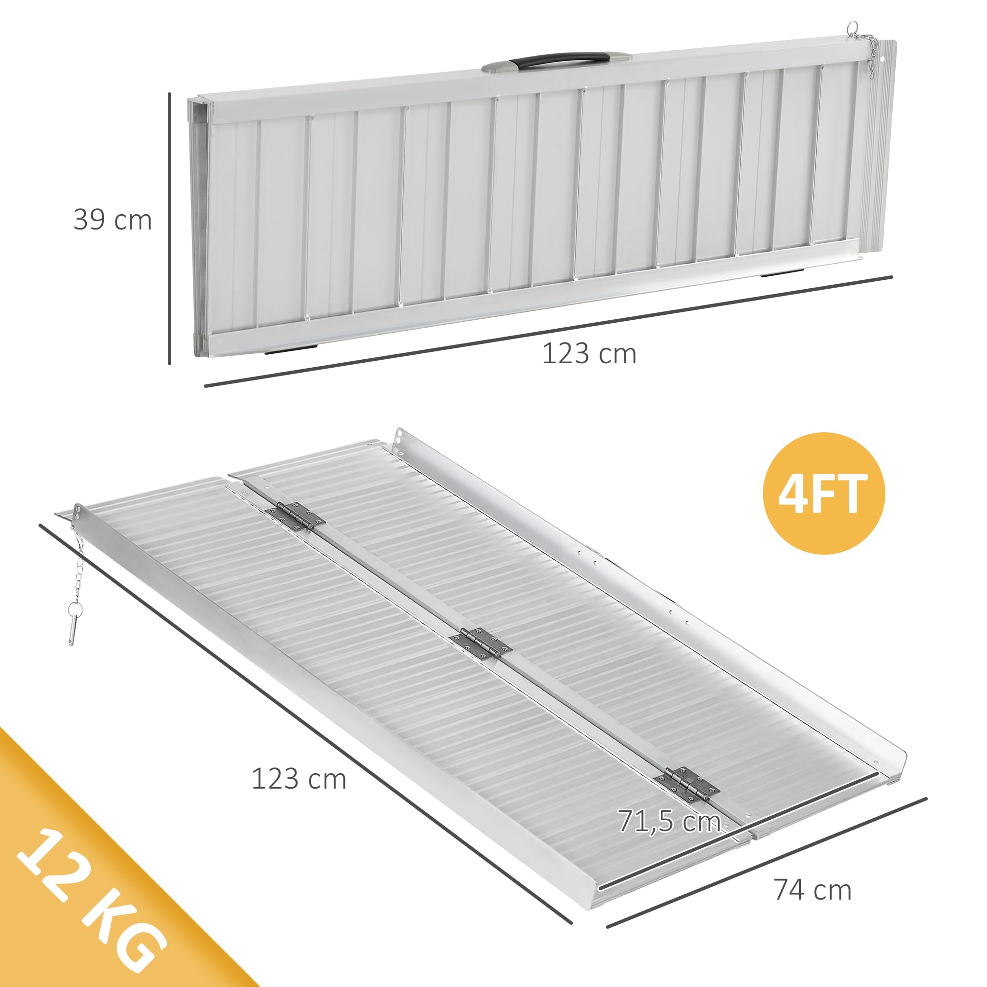 HOMCOM - Rampa de silla de ruedas plegable antideslizante 123x74 cm | Rampa de carga de chorro de arena, aleación de aluminio, bordes de seguridad, pegatinas reflectantes, carga máx. 270 kg