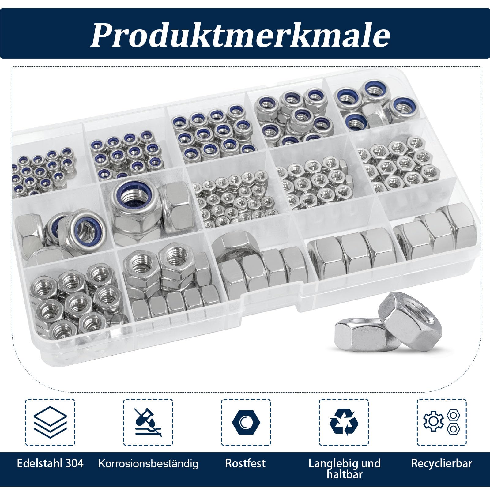 Sortimentssatz für metrische Sechskantmuttern und Kontermuttern (360 Stück), M3, M4, M5, M6, M8, M10, M12, verschiedene Sechskantmuttern-Sets aus Edelstahl, helles Finish