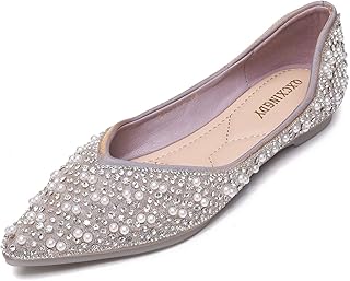 Women's Rhinestone Flats Fashion Pointed Toe Pearl Diamond Low Heel Dress Wedding Flats Work Business Dance Ballet Flats