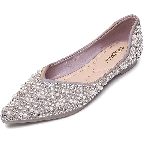 Women's Rhinestone Flats Fashion Pointed Toe Pearl Diamond Low Heel Dress Wedding Flats Work Business Dance Ballet Flats