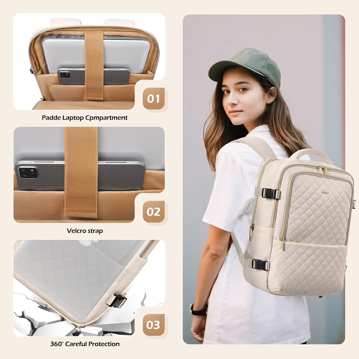 Travel Backpack for Women Men - Large Carry on Backpack fits 15.6" Laptop Lightweight Travel Bag Daypack Waterproof Causal Bookbag Backpack for College,Work,36L, Beige - Image 3