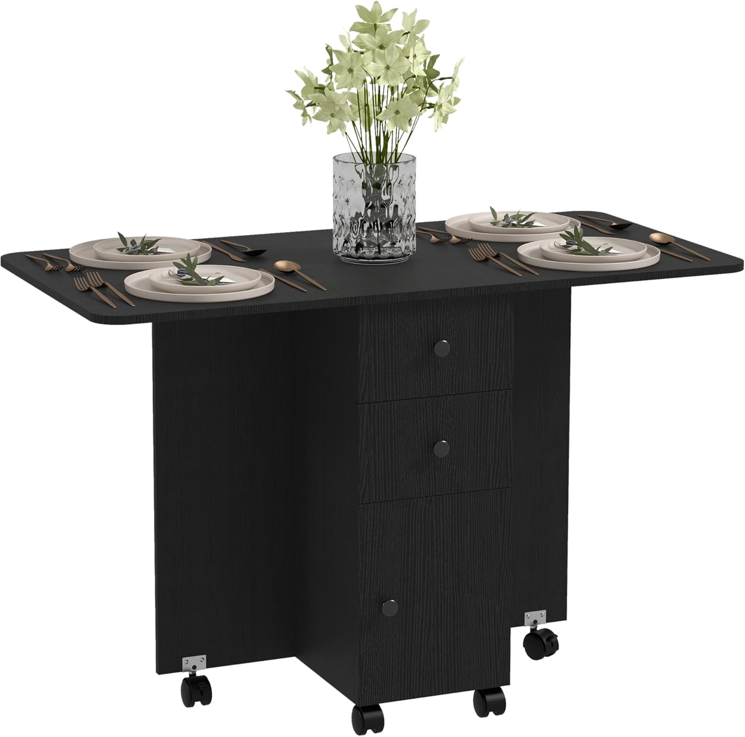 HOMCOM Folding Dining Table for 4-6, Rolling Drop Leaf Table on Wheels with Storage Drawers ...