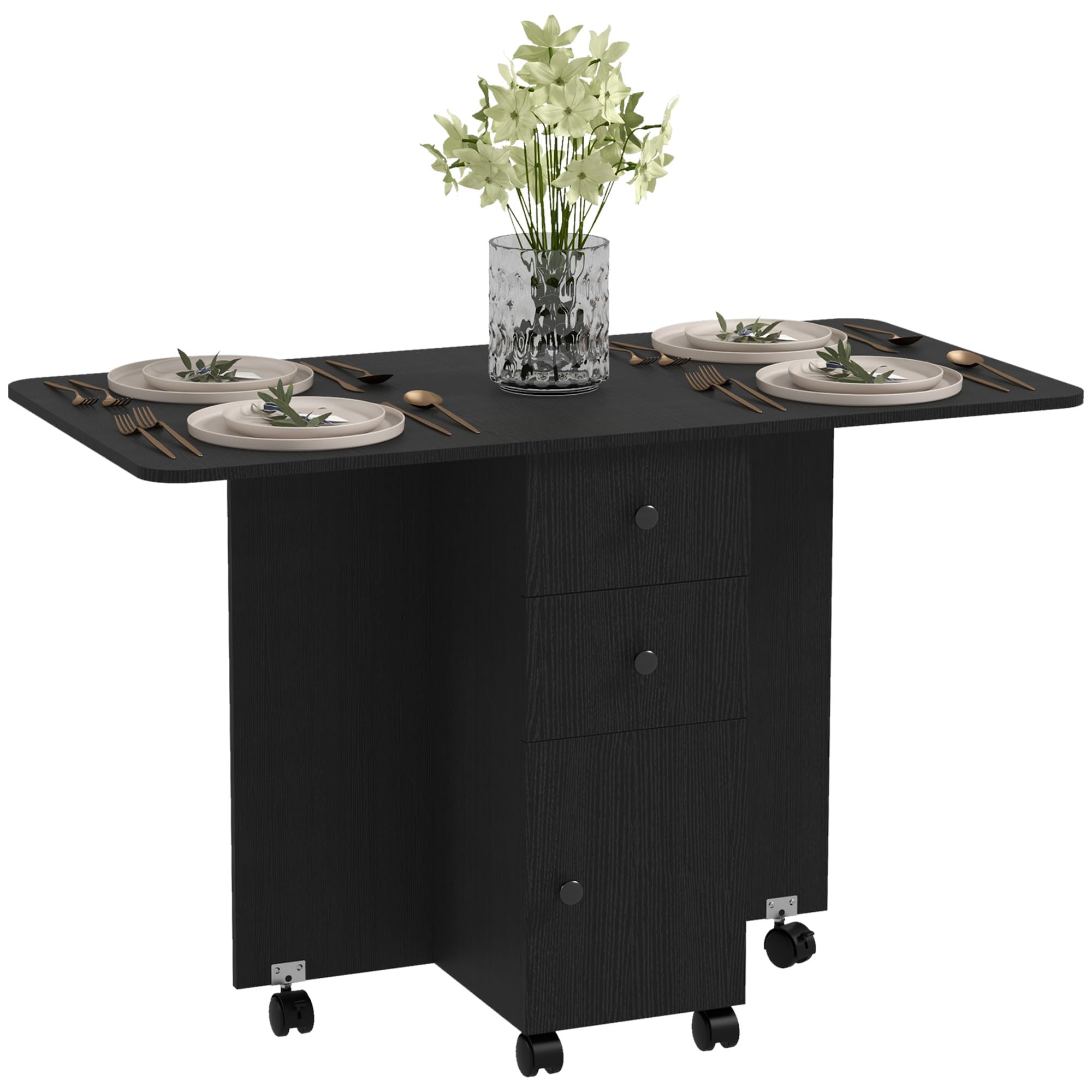 HOMCOM 60-120 cm Folding Dining Table for 4-6, Rolling Drop Leaf Table on Wheels with Storage Drawers, Cabinet and Open Shelf for Small Spaces, Kitchen, Dining Room, Flat, Grey Marble Effect — view 10