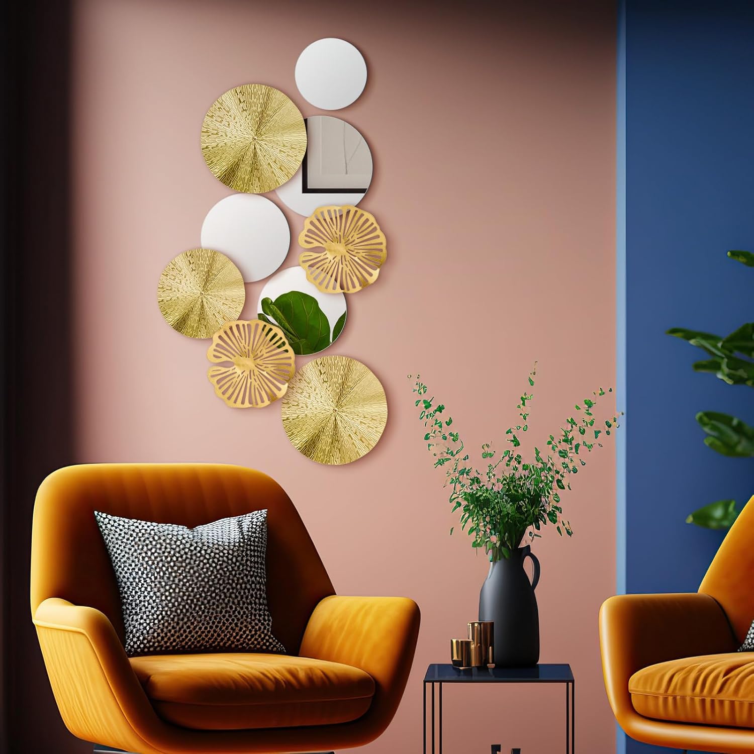 Hicarer 9 Pcs Circle Mirrors Metal Home Decor Wall Decorative Modern Round Accent Wall Art Sculpture Hanging Decorations for Living Room Office Bedroom Kitchen(Gold)