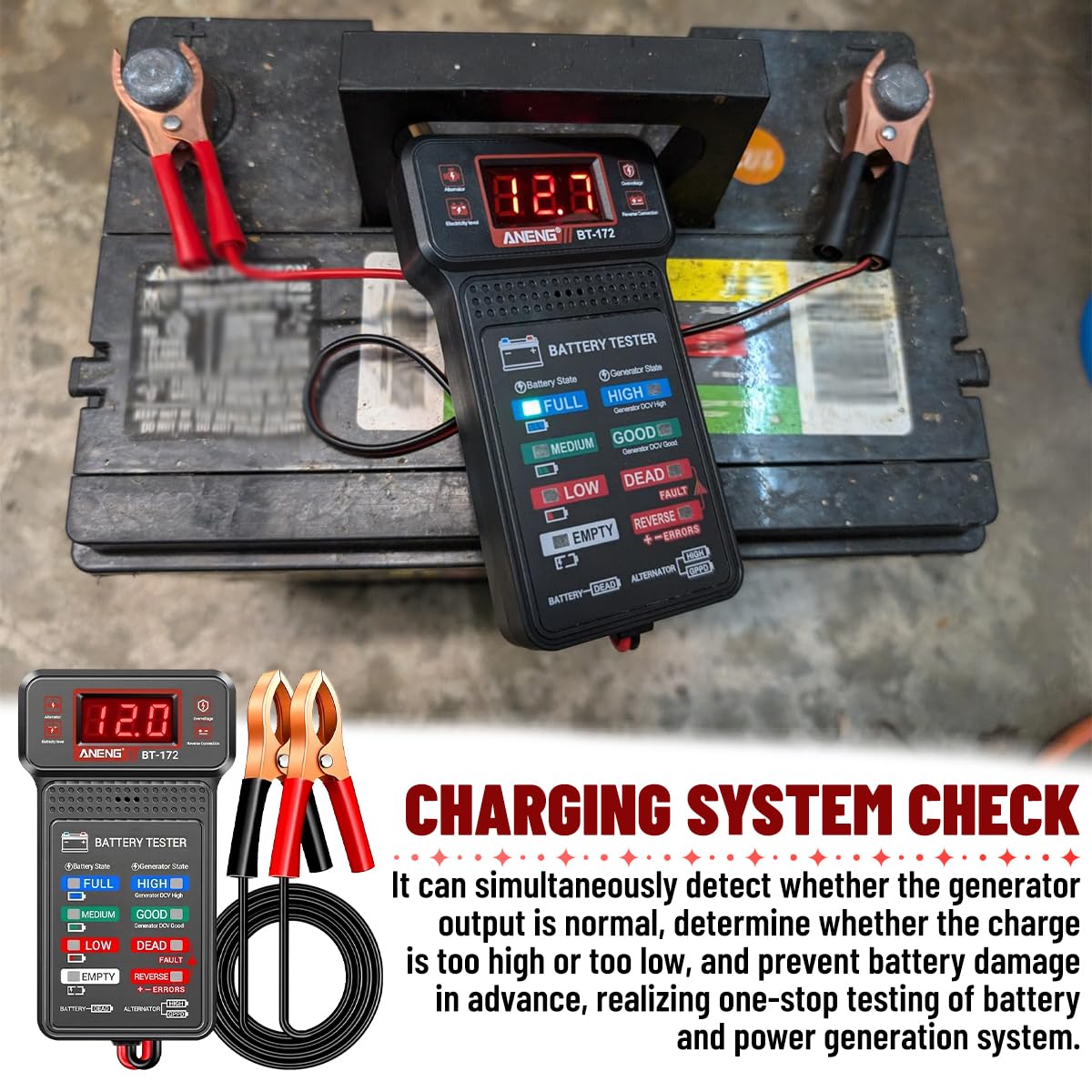 12V Car Battery Tester with LED Display & Indication, Digital Vehicle Battery Alternator Starter Load Tester, Auto Batteries Voltmeter Charging System Analyzer Monitor, Universal Fit