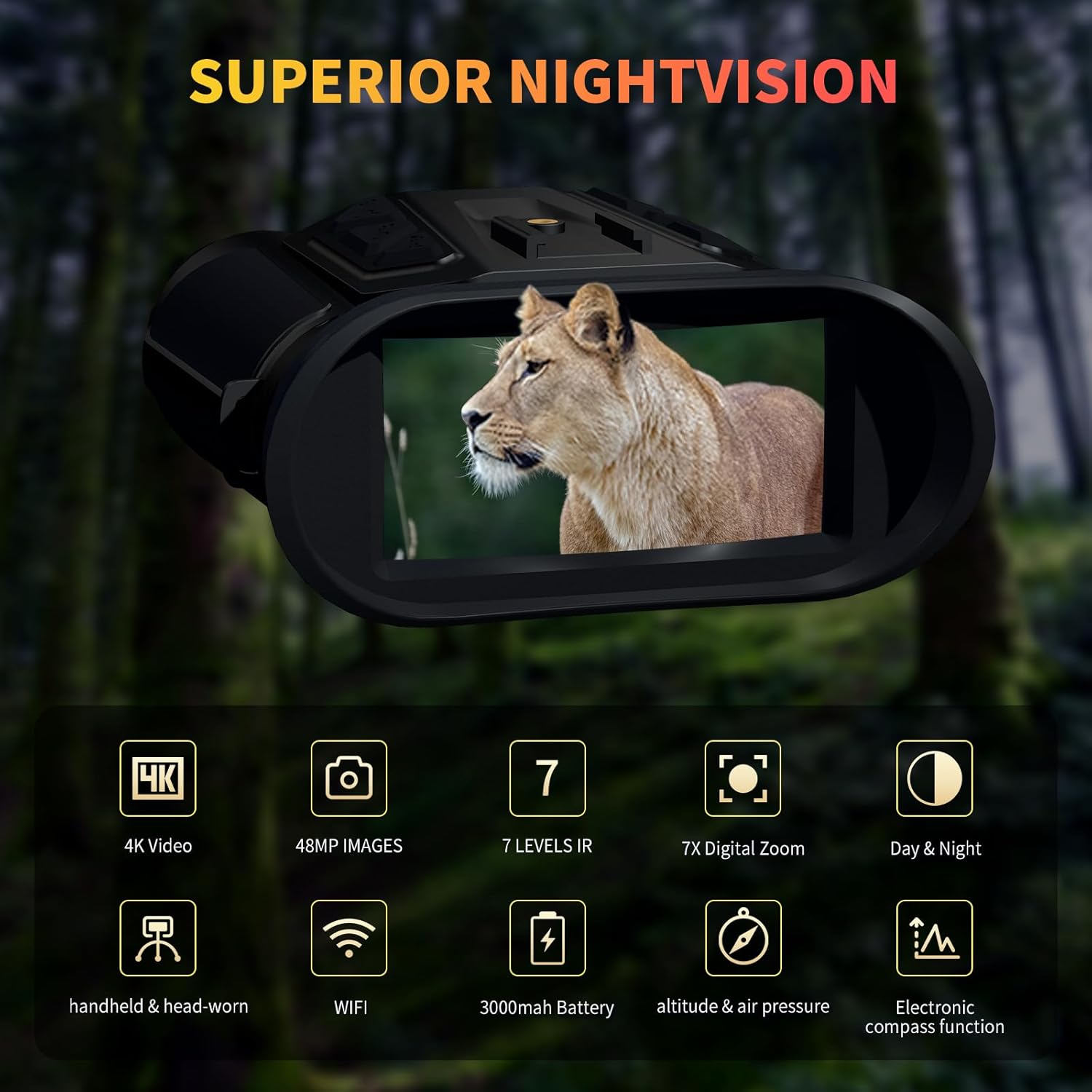 Night Vision Goggles- 4K Night Vision Binoculars for Adults with WiFi, 64GB TF Card in Night Vision,7X IR & 16X Zoom,Military Tactical Equipped with Altitude, Air Pressure and Compass Functions