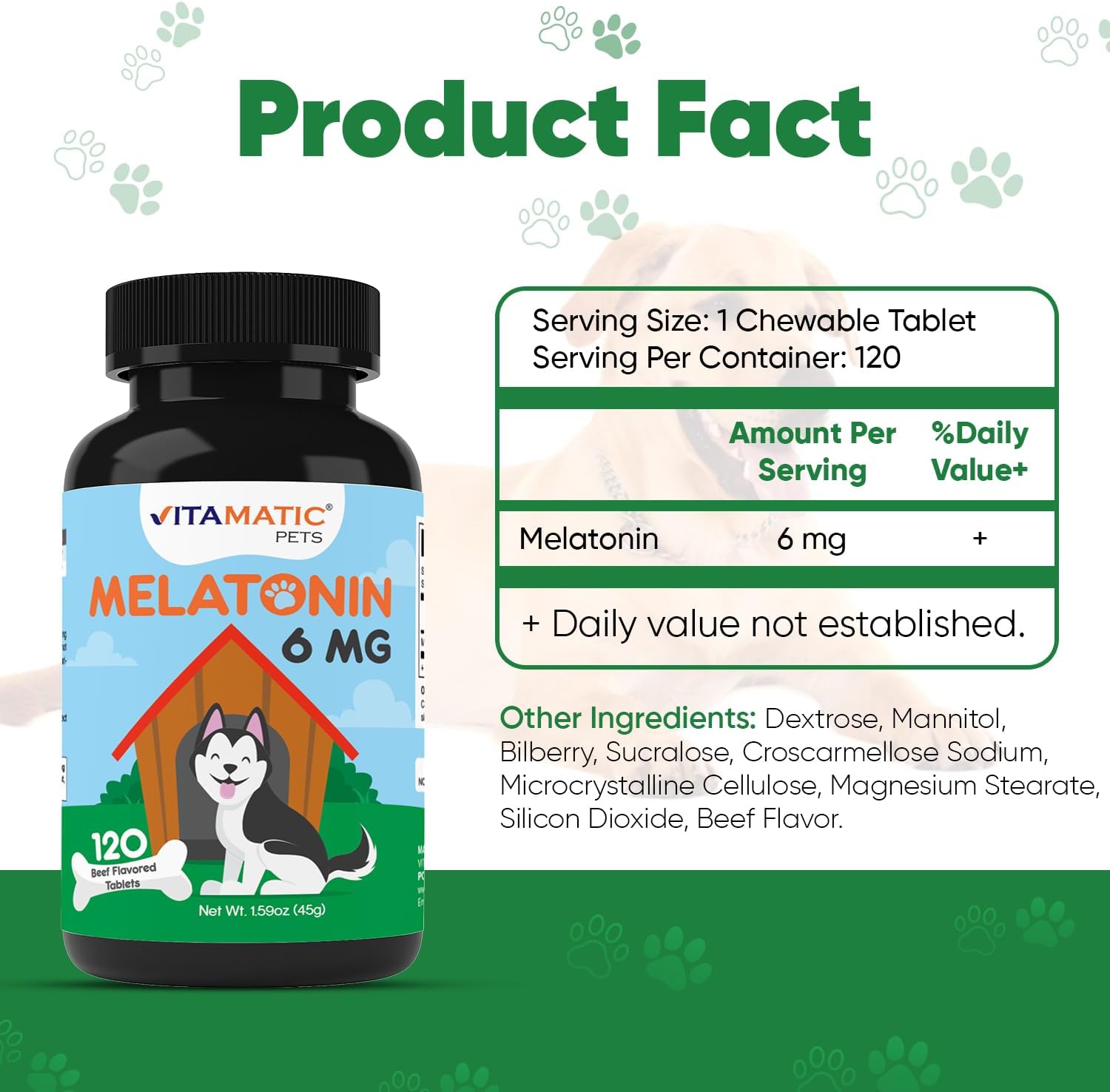 Vitamatic Melatonin for Dogs - 6 mg - 120 Beef Flavored Chewable Tablets ((Pack of 2)) image 2
